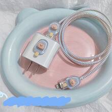 Hộp bảo vệ đầu sạc 20w Kem hình gấu hoạt hình màu xanh trong suốt, tương thích với bộ sạc điện thoại Apple - Màu xanh lam - Xem 5