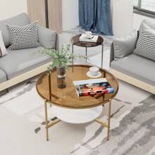 Round Coffee Table 2-Tier Coffee Accent Table W/ Tempered Glass Top Sintered Stone End Table Metal Frame Center Table For Bedroom, Offices Display - Gold - View 2