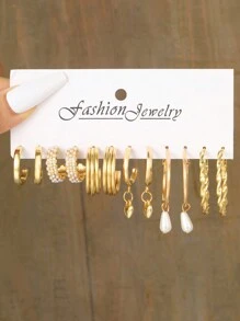 12對/套極簡c形設計人造珍珠耳環套裝,適合約會、度假和聖誕節 - 金黃色 - 查看 8