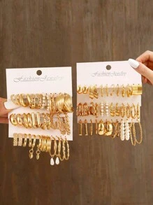 12對/套極簡c形設計人造珍珠耳環套裝,適合約會、度假和聖誕節 - 金黃色 - 查看 1