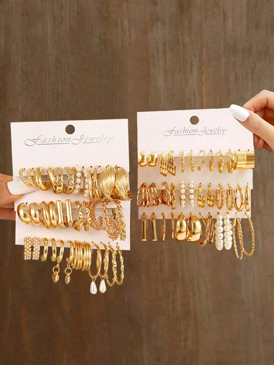 12對/套極簡c形設計人造珍珠耳環套裝,適合約會、度假和聖誕節 - 金黃色 - 查看 1