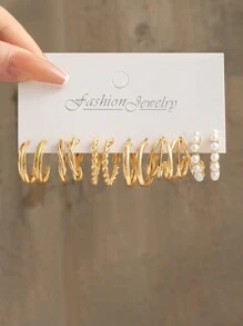 12對/套極簡c形設計人造珍珠耳環套裝,適合約會、度假和聖誕節 - 金黃色 - 查看 7