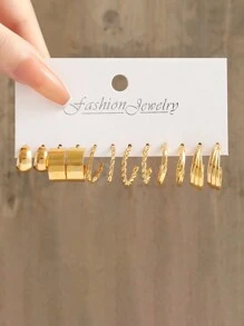 12對/套極簡c形設計人造珍珠耳環套裝,適合約會、度假和聖誕節 - 金黃色 - 查看 6