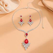 1 Pair Of Earrings + 1 Necklace Elegant Jewelry Set Silver Plated Inlaid Rhinestone Blue Or Red Make Your Call Match Daily Outfits Party Accessories - Royal Blue - View 5