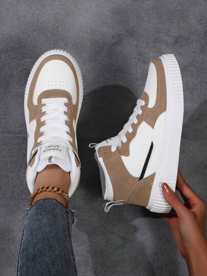 Women Sports Shoes Colorblock Lace-Up High Top Front Skate Shoes, Brown Style Color Block Sneakers