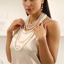 Conjunto De Collar De Cadena Larga De Suéter Multicapa Vintage Y Minimalista Con Perlas Falsas Y Aretes