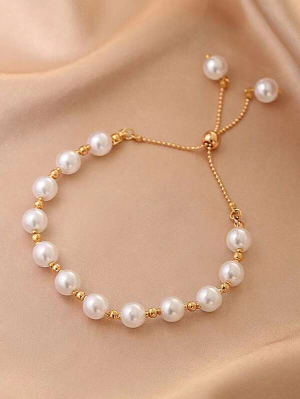 1pc Faux Pearl Beaded Adjustable Bracelet, Simple Design Pearl Adjustable Bracelet, Bride Bracelet, Women's Jewelry Gift, Valentine's Day Birthday Gift, Jewelry Elegant