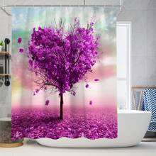 1/4入組生命之樹浪漫淋浴門簾套裝紫色楓葉3d心型樹淋浴門簾農村現代農場防滑地墊u型墊廁所座墊浴室裝飾,附12個掛勾,71x71英吋 - 紫色 - 查看 4