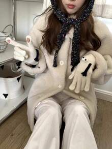 1pc Women'S Funny Cute Warm Plush Full Finger Gloves For Autumn And Winter - White - View 2