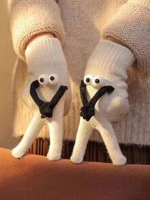 1pc Women'S Funny Cute Warm Plush Full Finger Gloves For Autumn And Winter - White - View 4