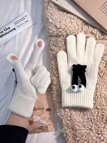 1pc Women'S Funny Cute Warm Plush Full Finger Gloves For Autumn And Winter - White - View 1