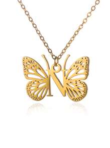 1入單一金色不銹鋼字母a-z首飾蝴蝶墜項鍊,適合女性,節日禮物 - 金色 - 查看 11