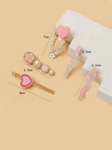 6入組女款心形&人造珍珠裝飾時尚髮夾，用於髮飾裝飾優雅 - 彩色 - 查看 4