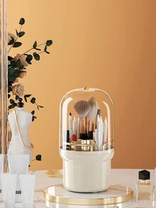 360度旋轉輕奢化妝刷,粉刷收納容器,化妝品收納盒,防塵收納架,適用於梳妝台桌面筆筒 - 乳白色 - 查看 1
