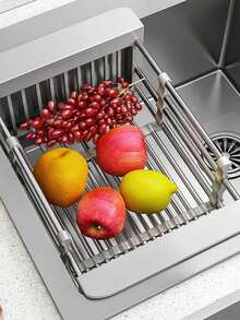 1pc Adjustable Dish Drainer Stainless Steel Sink Drain Rack Fruit Vegetable Drain Basket Kitchen Extendable Dish Drying Rack - Light Grey - View 1