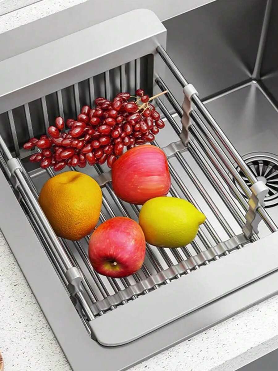 1pc Adjustable Dish Drainer Stainless Steel Sink Drain Rack Fruit Vegetable Drain Basket Kitchen Extendable Dish Drying Rack - Light Grey - View 1
