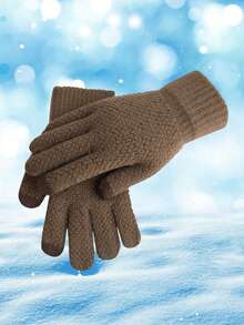 Pineapple Pattern Winter Gloves, Thick-Knitted Jacquard, Thermal Lined , Warm & Windproof For Outdoor Sports & Cycling - Coffee Brown - View 2