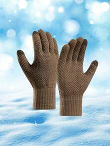 Pineapple Pattern Winter Gloves, Thick-Knitted Jacquard, Thermal Lined , Warm & Windproof For Outdoor Sports & Cycling - Coffee Brown - View 1