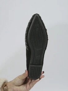 Simple Outdoor Black Flat Shoes For Women With Rhinestones And Pointed Toe, Suitable For Fall Season - Black - View 6