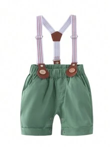 绅士风男婴纯色短袖连体衣套装，适合生日派对和夏季穿着 - 綠色 - 查看 8