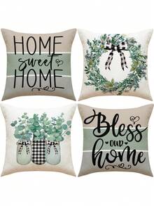 4入組春季主題抱枕套,附有網格、花環、蝴蝶結、字母、草、蝴蝶、葉子設計,用於家居裝飾 - 彩色 - 查看 4