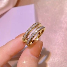 1入組雙排莫桑石婚戒戒指適合女士925純銀2mm時尚莫桑石週年紀念日戒指首飾類禮物為她帶GRA證書 - 金黃色 - 查看 3
