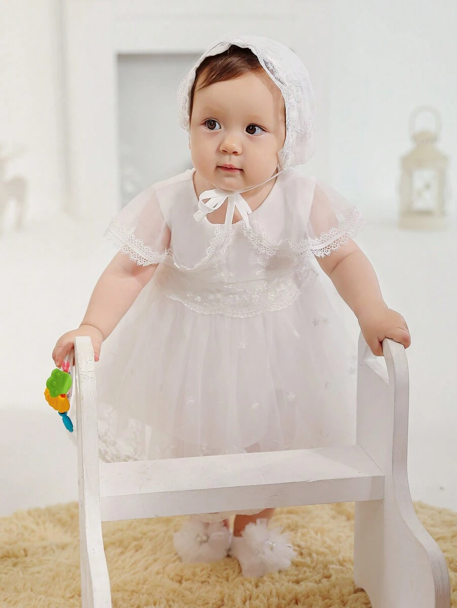 Baby Girl Christening Dress, White Mesh Tutu Dress With Hat For Birthday Party - White - View 1