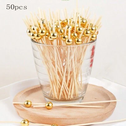 50pcs/100pcs Gold Bead Disposable Fruit Cake Toppers, For Valentine's Day, Wedding, Birthday Party Supplies