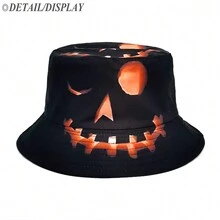 1 Unisex Black Ghost Face Print Reversible Bucket Hat - Black - View 1