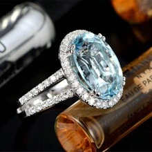 1枚藍色托帕石女戒,925純銀鑲嵌光環14x10mm寶石分離型圓環造型紀念日婚禮戒指生日派對珠寶禮物給她 - 銀色 - 查看 2