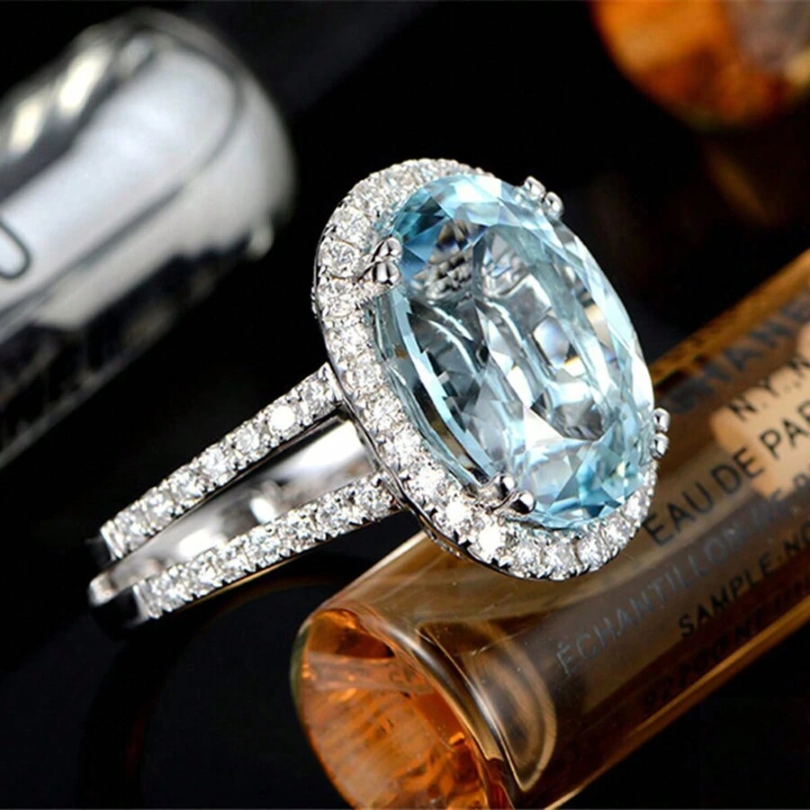 1枚藍色托帕石女戒,925純銀鑲嵌光環14x10mm寶石分離型圓環造型紀念日婚禮戒指生日派對珠寶禮物給她