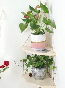 1pc Wall Wooden Decorative Sling Storage Rack Fan-Shaped Wall Storage Rack Fan-Shaped Rope Partition Living Room Wall Decoration Rope Partition Wall Hanging Flower Pot Decoration Storage Rack - Beige - View 3