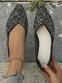 Simple Outdoor Black Flat Shoes For Women With Rhinestones And Pointed Toe, Suitable For Fall Season - Black - View 5