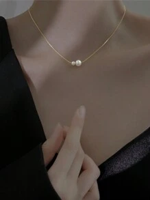 1pc Elegant Double Faux Pearl Decor Gold Chain Necklace Suitable For Women's Daily & Party Wear - Yellow Gold - View 2