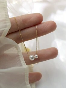 1pc Elegant Double Faux Pearl Decor Gold Chain Necklace Suitable For Women's Daily & Party Wear - Yellow Gold - View 3