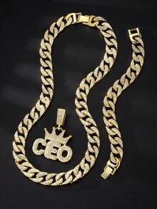 1 套男女通用 13 毫米个性化嘻哈精致皇冠和首席执行官字母全水钻吊坠项链手链组合，欧美街头风格，适合万圣节、圣诞节、感恩节，作为精美礼物