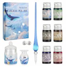 玻璃筆套裝 - 1支銅版紙削玻璃鋼筆,加上6種豐富色彩的油墨,適用於藝術、書法、簽名、裝飾和送禮專用的瓢簞筆尖 - 藍色 - 查看 1