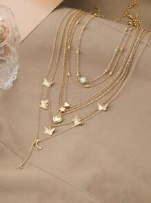 6pcs/Set Fashionable Star, Moon, Faux Pearl, Heart & Butterfly Pendant Necklace
