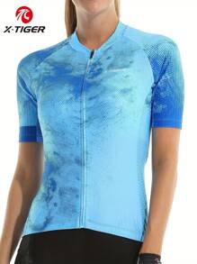 X-TIGER Women's Zip Cycling Jersey With 3 Back Pockets Cycling Top Shirt Short Sleeve For Sport, Fitness, Mountain And Road Cycling Compression Shirt Spring Tops - Dusty Blue - View 4