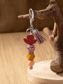 1 Piece Western Cow Pattern Cowboy Hats Cute Highland Cow Tassel Decor Wooden Beads Key Chain Key Ring Backpack Decoration Gift For Cowgirl Mother Daughter Friends - Multicolor - View 4