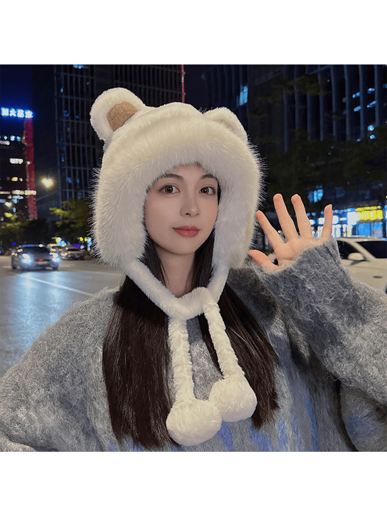 1pc Cute Plush Teddy Bear Hat For Women, Thickened & Warm, Ear Protective, Korean Style - White - View 1