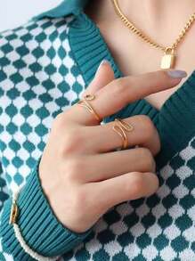 1個女性時尚歐美風格的不鏽鋼和24k金幾何開放式戒指,創意獨特的冬季戒指,適合節日禮品 - 金色 - 查看 6