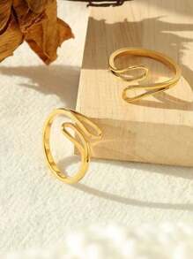 1個女性時尚歐美風格的不鏽鋼和24k金幾何開放式戒指,創意獨特的冬季戒指,適合節日禮品 - 金色 - 查看 1