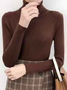 Suéter De Punto Acanalado De Cuello Alto De Color Sólido Para Mujer,Jersey de cuello tortuga tejido de canalé - Café integral - Ver 6