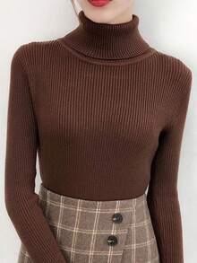Suéter De Punto Acanalado De Cuello Alto De Color Sólido Para Mujer,Jersey de cuello tortuga tejido de canalé - Café integral - Ver 4