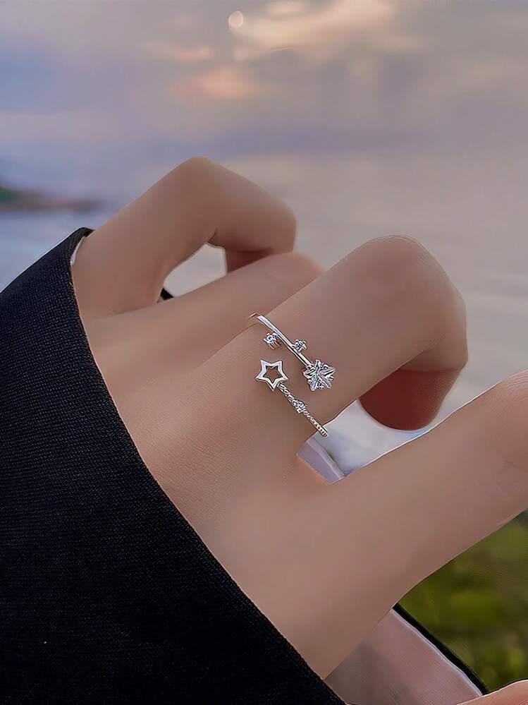 MICMIF Anello A Stella In Argento 925 Per Donna - Gioiello A Doppio Strato Con Zirconi, Regolabile, Regalo In Sacchetto Di Velluto - 2