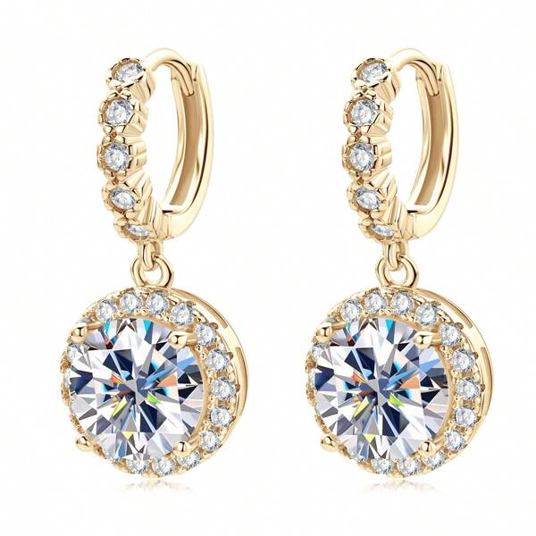 XUJIA 1Pair Yellow Gold Halo Moissanite Hoop Earrings for Women 100% 925 Sterling Silver 6.5mm/8mm/9mm Moissanite D Color VVS1 Round Cut Dangle Drop Earrings Birthday Jewelry Gifts for Her with GRA Certificate