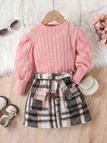 Nhỏ bé Cô gái Tay áo dài Áo Và Kẻ sọc Váy 2 Miếng - Hồng - Xem 1