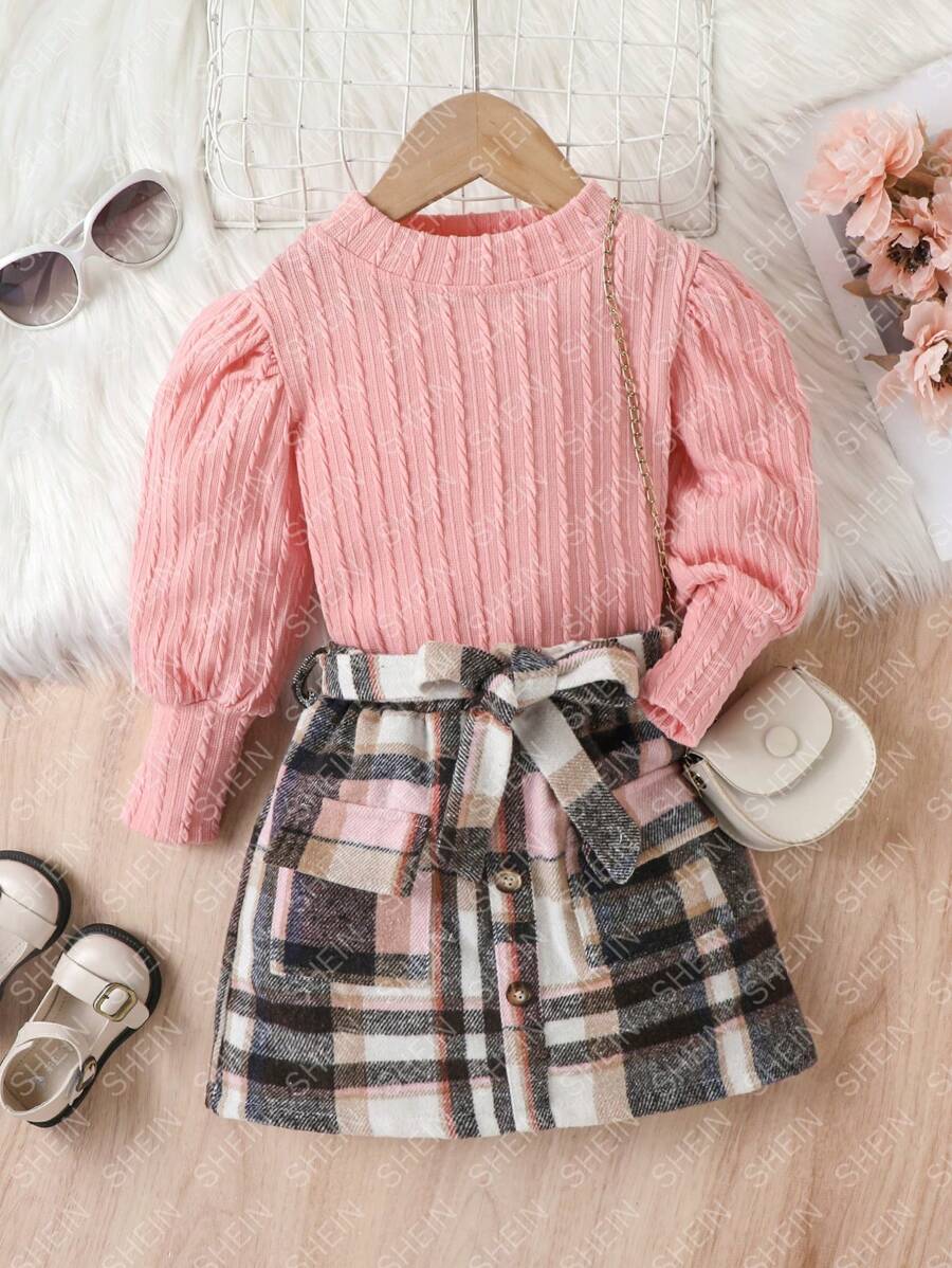 Nhỏ bé Cô gái Tay áo dài Áo Và Kẻ sọc Váy 2 Miếng - Hồng - Xem 1