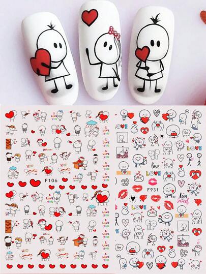 2 piezas Pegatinas 3D de San Valentín Lindos dibujos animados de amantes Deslizadores para uñas de chicas Diseño DIY Calcomanías Decoraciones de manicura Arte de uñas Suministros para uñas